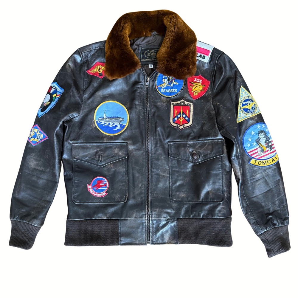 Quality Leathers Factory G-1 Flight Jacket Brown Leather Bomber Patches Mens M